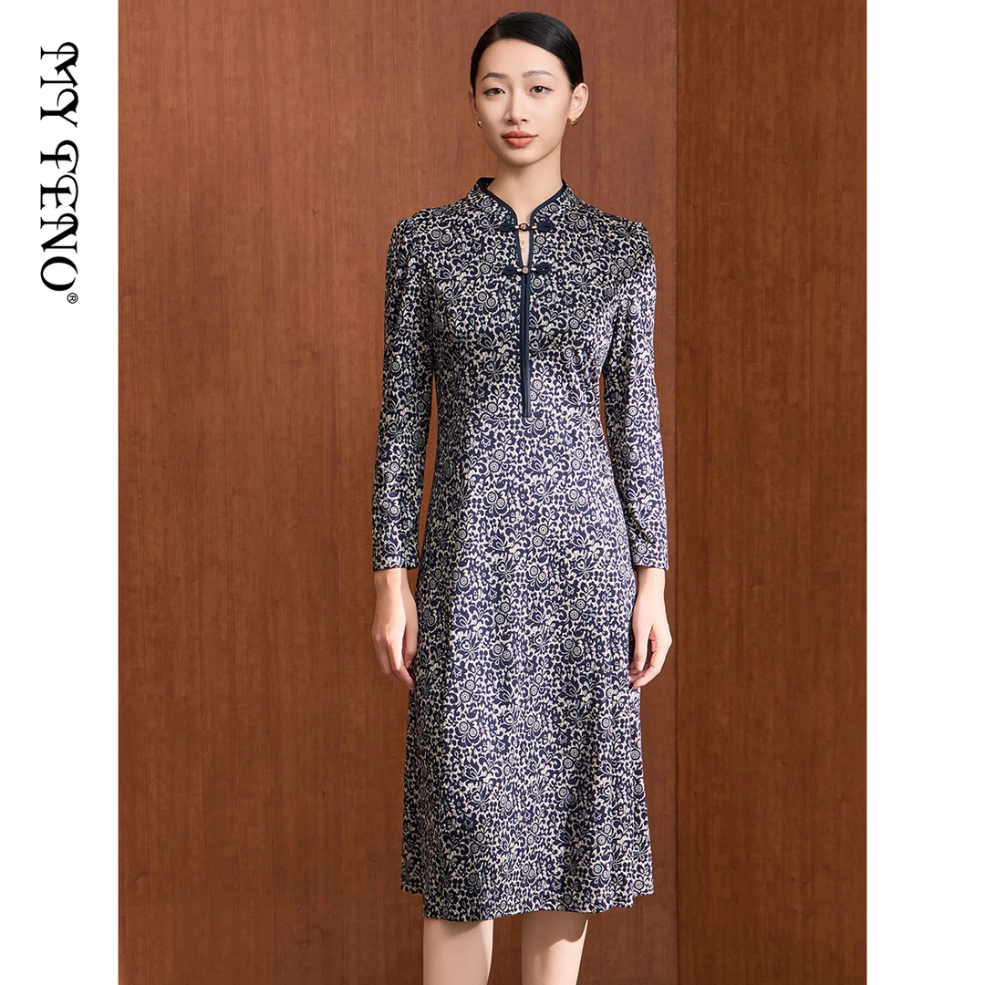 MY TENO/马天奴VDAB19碎花气质长袖复古修身印花秋冬提花连衣裙