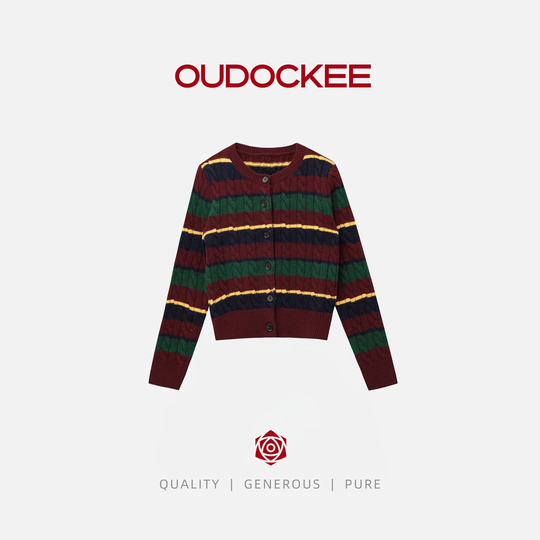 OUDOCKEE 鸥鸥 【100绵羊毛】爱丽丝 撞色绞花针织衫 M2503G542T