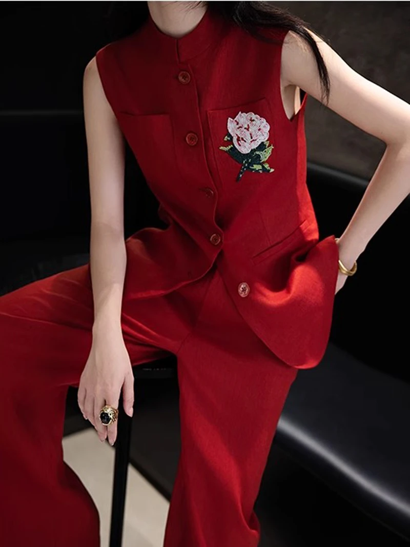 2025新款又a又飒御姐两件套大方得体穿搭高级感红色马甲套装裤女