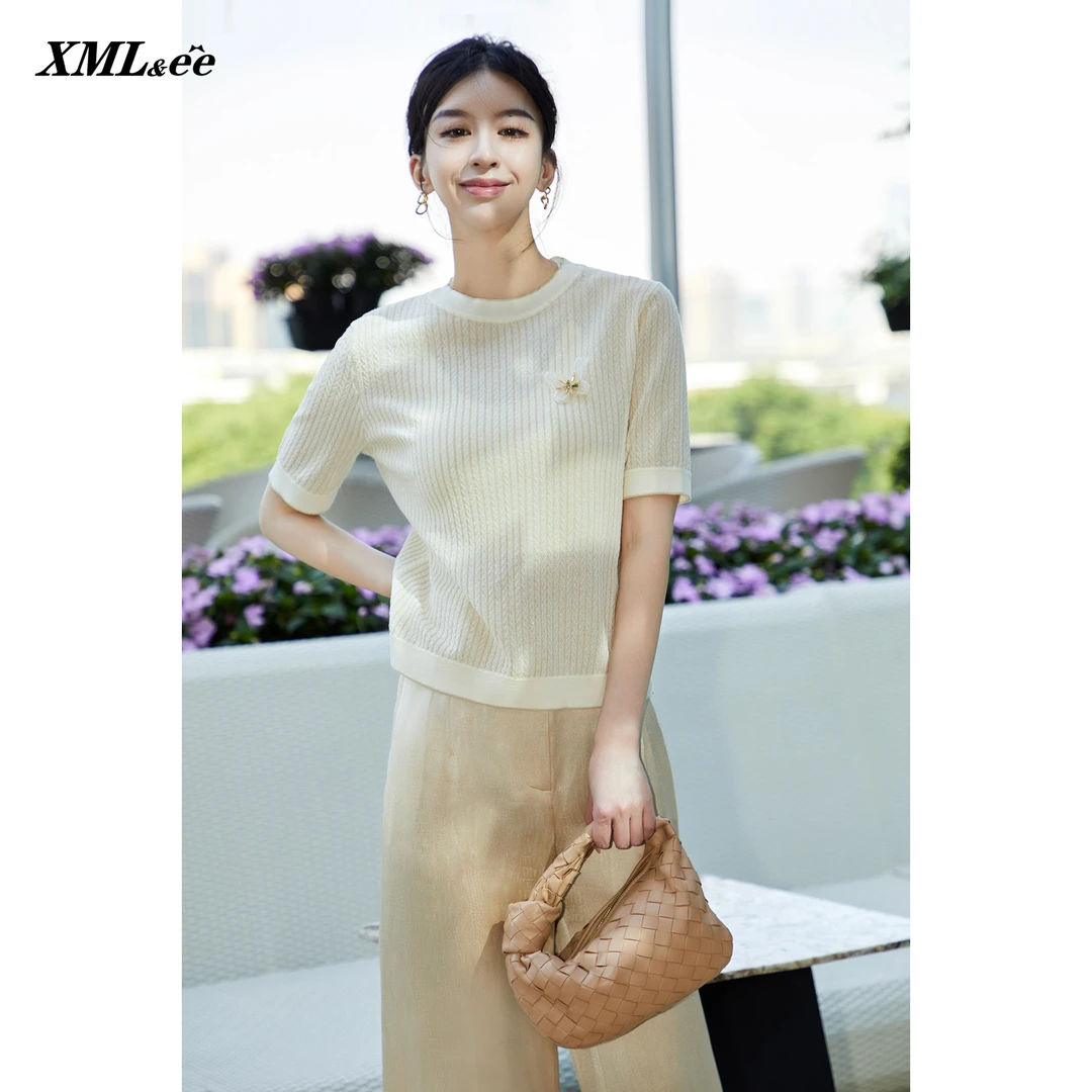 XMLee艾米尔 绵羊毛亲肤百搭短袖针织衫 Y432R1762