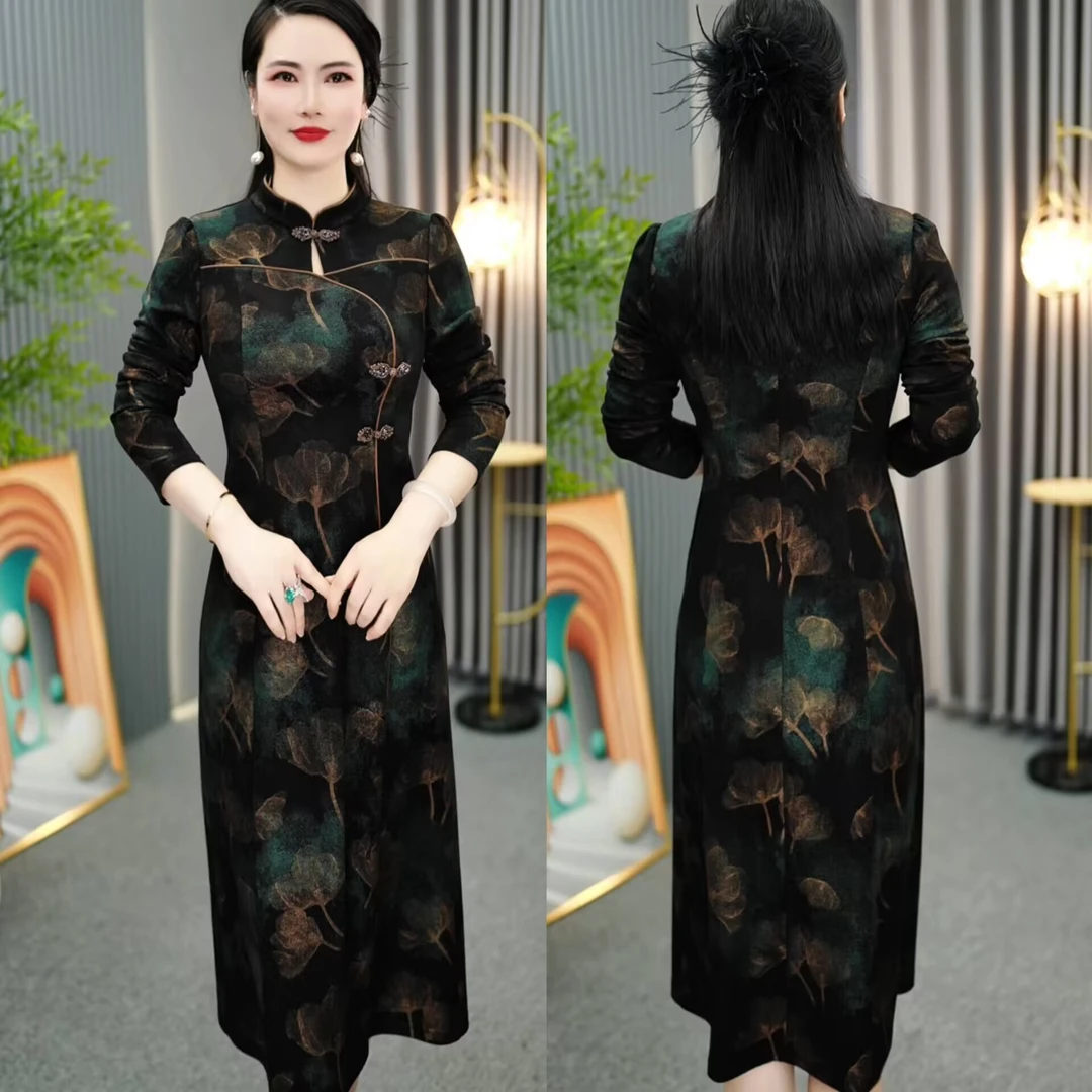 2024秋季轻熟风时尚减龄气质妈妈装修身长袖假两件连衣裙M-5XL