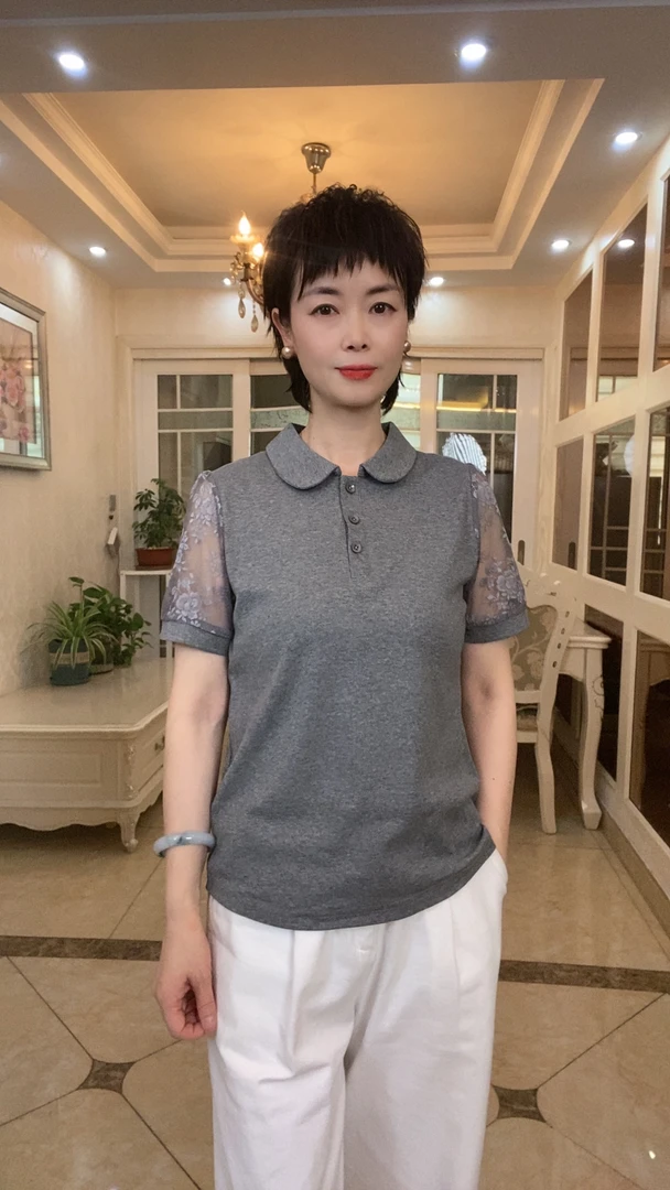 2025夏季短袖新品娃娃领时尚气质百搭蕾丝袖女士棉T恤