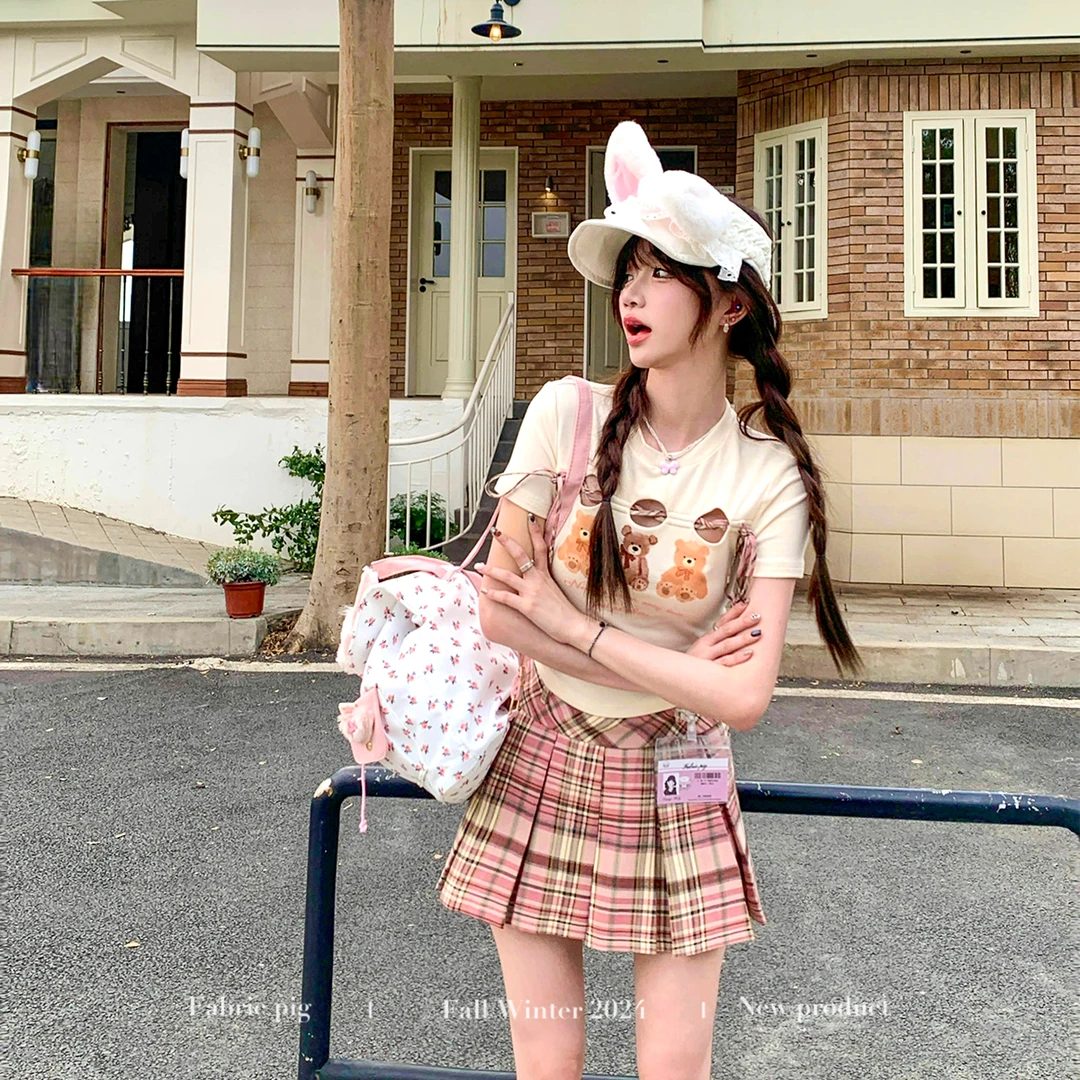 杏雨梨花 织物猪原创 甜美风小熊印花T恤夏季显瘦格子短裙