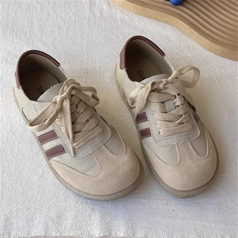 牛皮春秋单鞋品质德训鞋系带休闲板鞋牛筋底舒适软底女森系运动鞋