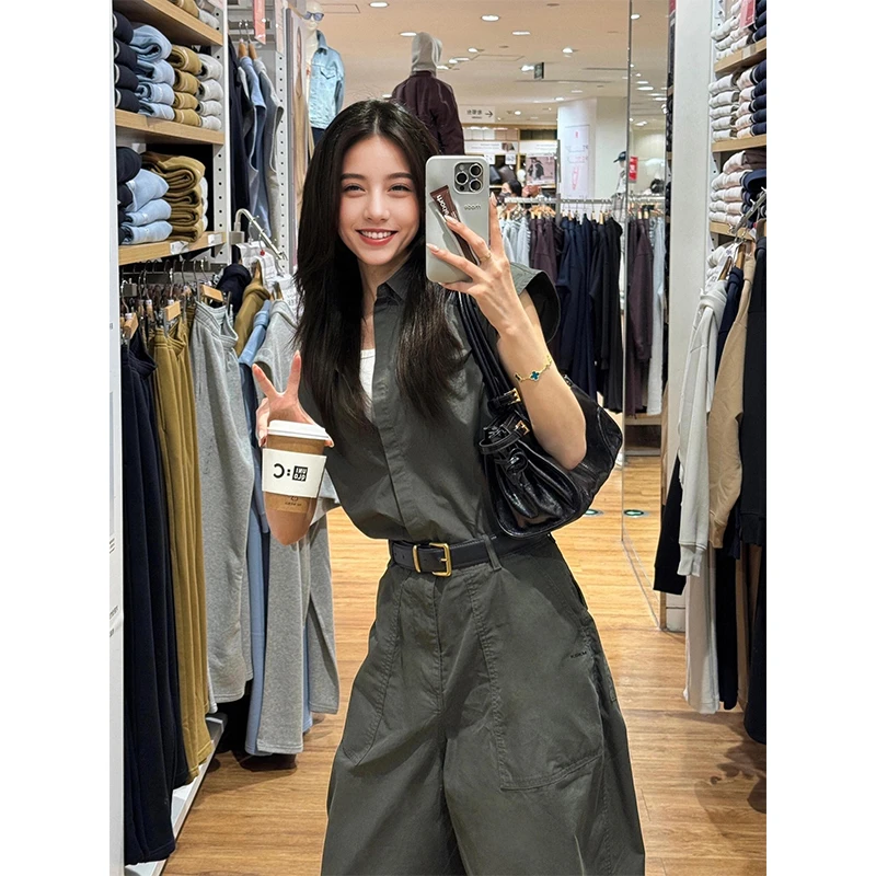 KSKM橄榄绿衬衫工装裤女2026夏季新款美式简约设计宽松休闲两件套