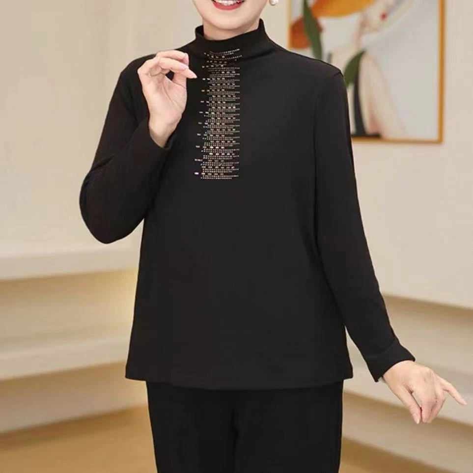 大码妈妈装加厚半高领烫钻打底衫2025秋冬中老年长袖套头内搭上衣
