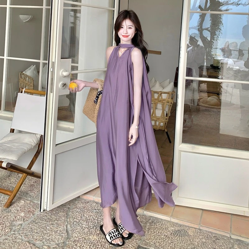 紫色气质女神范高级感浪漫挂脖长裙新款绝美别致法式雪纺连衣裙夏