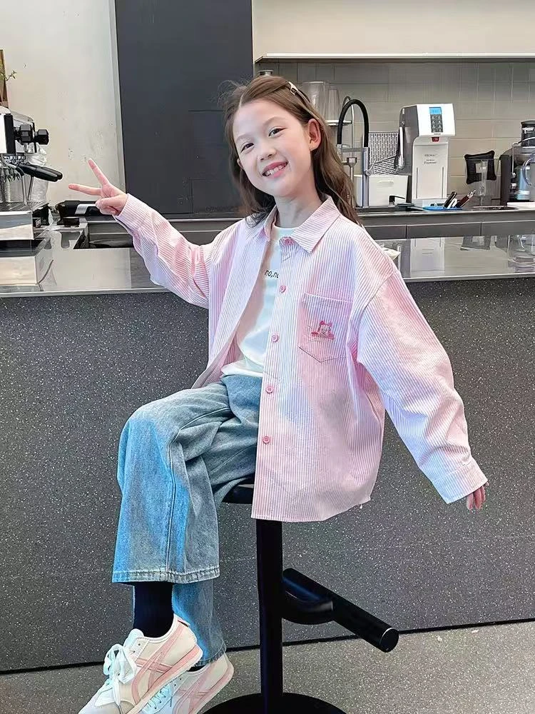 儿童洋气条纹衬衫女童宽松长袖衬衣大童开衫上衣2025春秋装新款