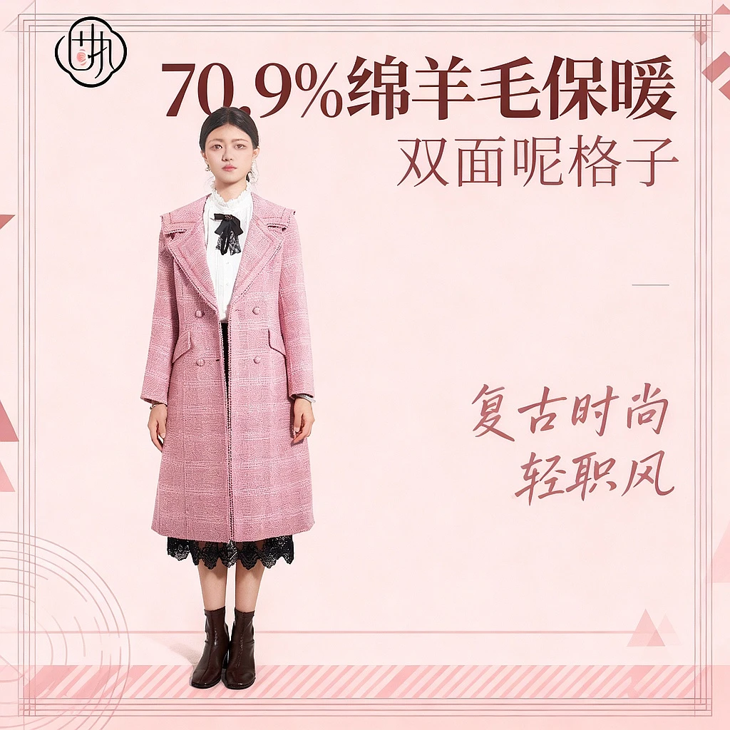 固执秋冬新款双面呢中长款复古时尚气质格子大衣外套96214MT06866
