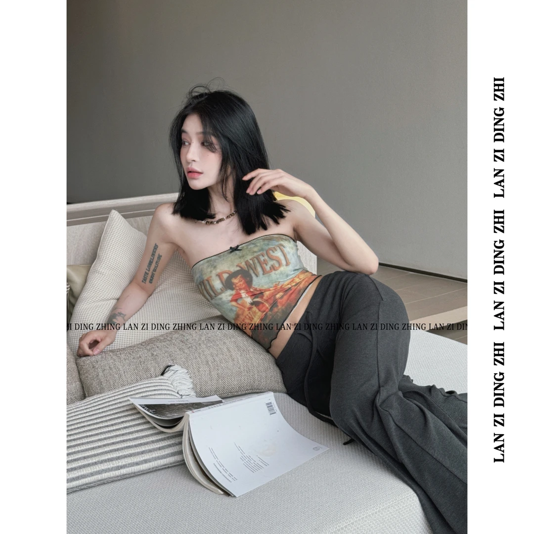 「高级时调」辣妹欧美短裤印花抹胸设计感外穿显瘦百搭款吊带上衣