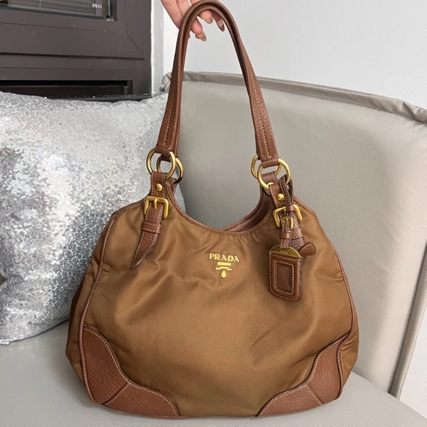95新 Prada/普拉达 棕色金色尼龙拼皮托特hobo元宝tote单肩腋下包