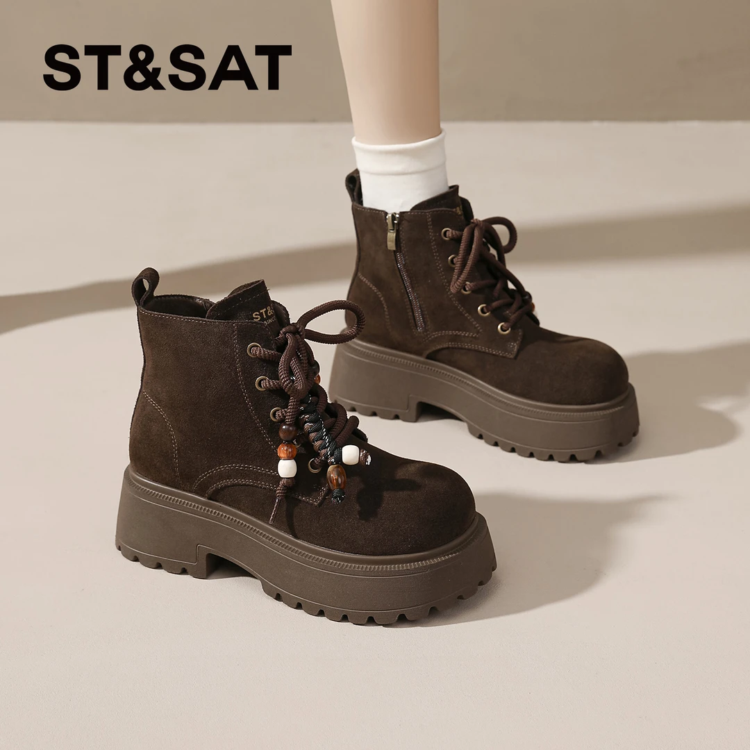 星期六厚底增高马丁靴女2025冬季加绒小个子超火短靴复古百搭女靴