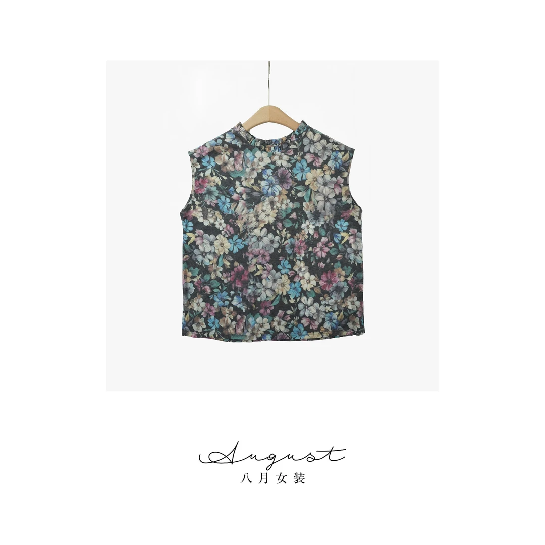 【BAYUE】3681印花砍袖绸斜纹纹路满印碎花休闲夏季无袖