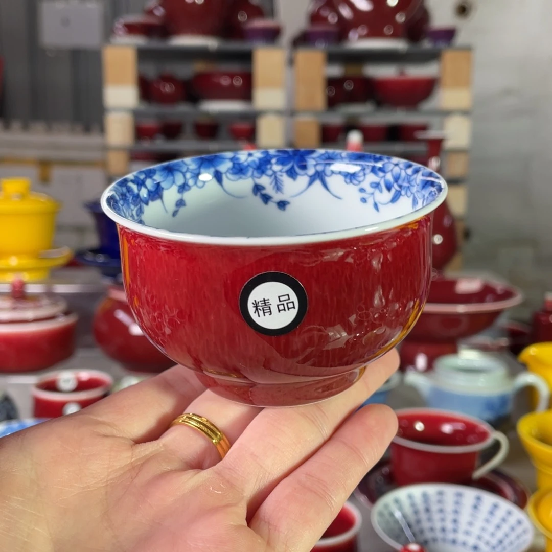 清欢雅玩原矿郎红精品内绘蝶恋花炉士杯