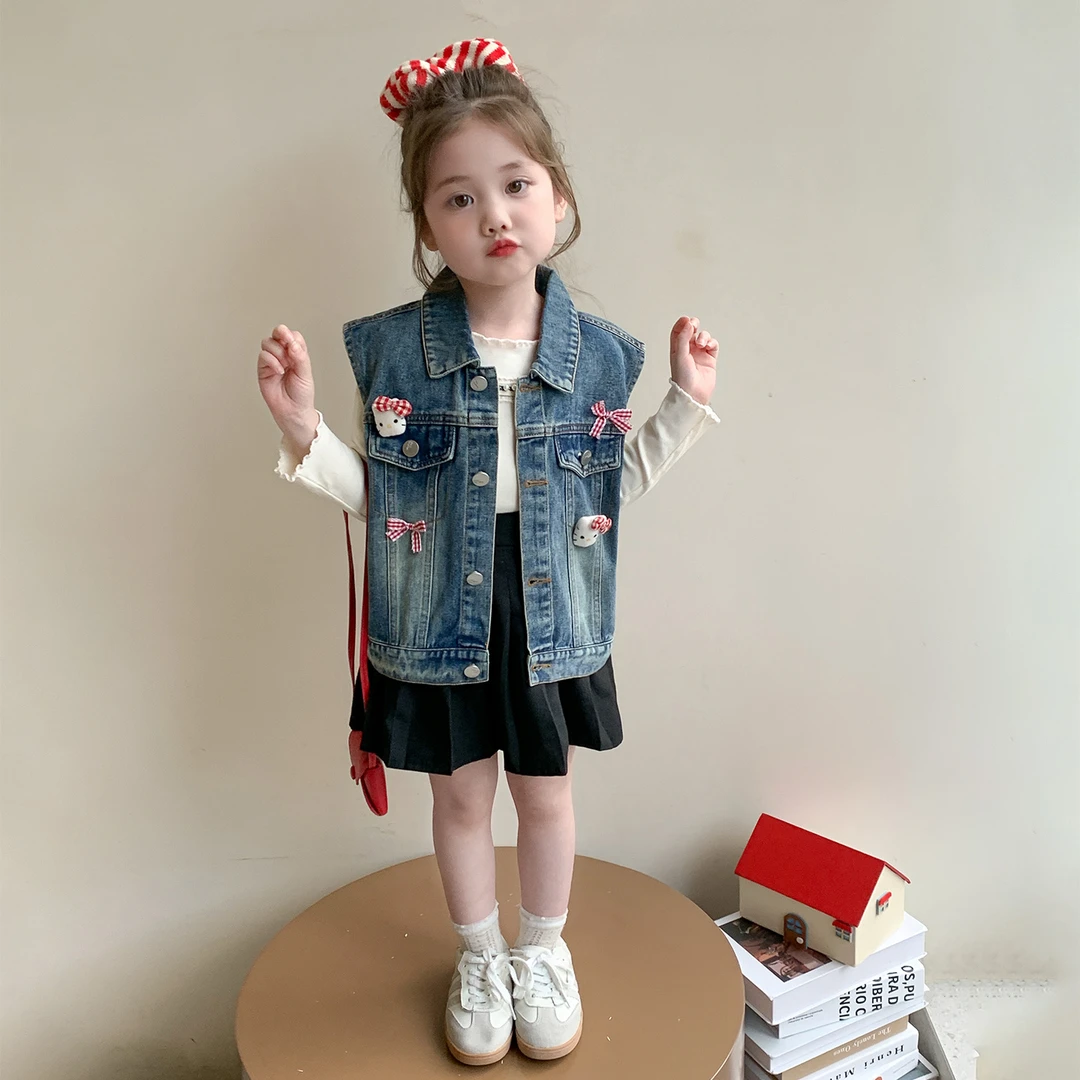 女童2025秋季时尚洋气儿童卡通猫咪蝴蝶结中小童休闲牛仔马甲外套
