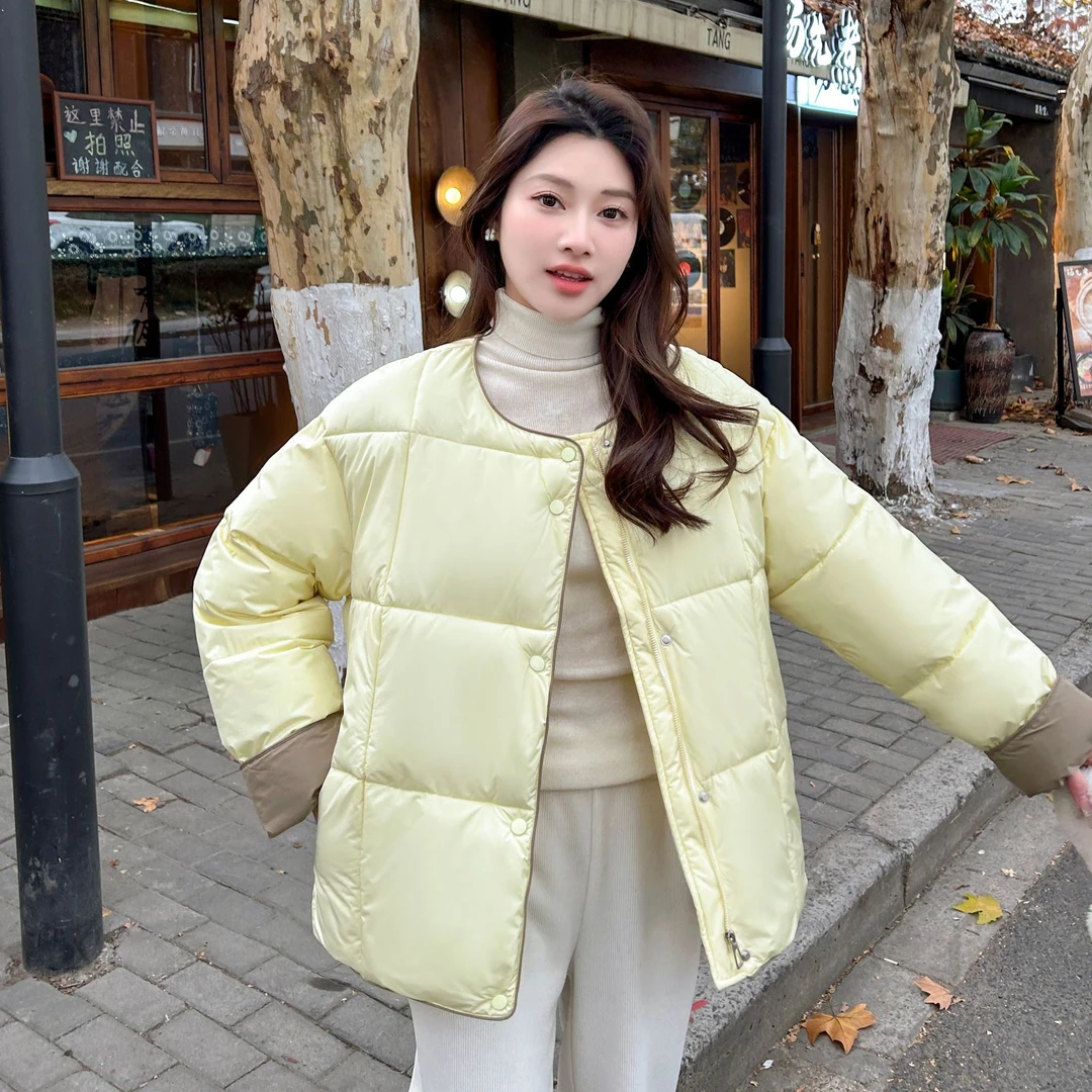 【悠然自乐】韩女宽松圆领单排扣短款轻薄保暖棉服外套