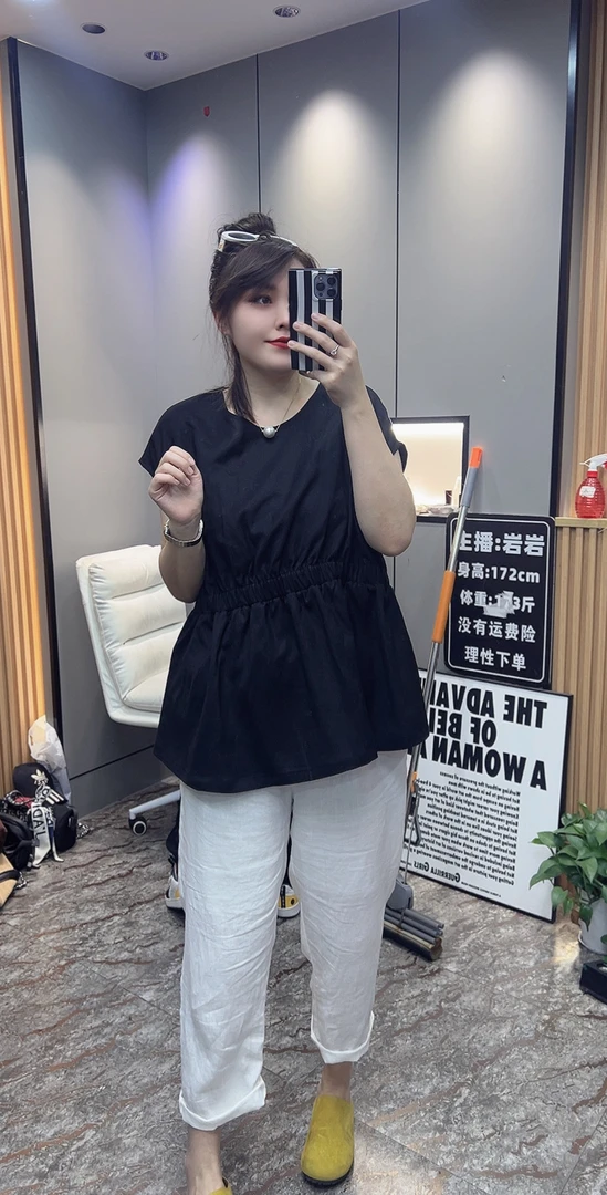 岩岩家4色亚麻收腰女上衣0528