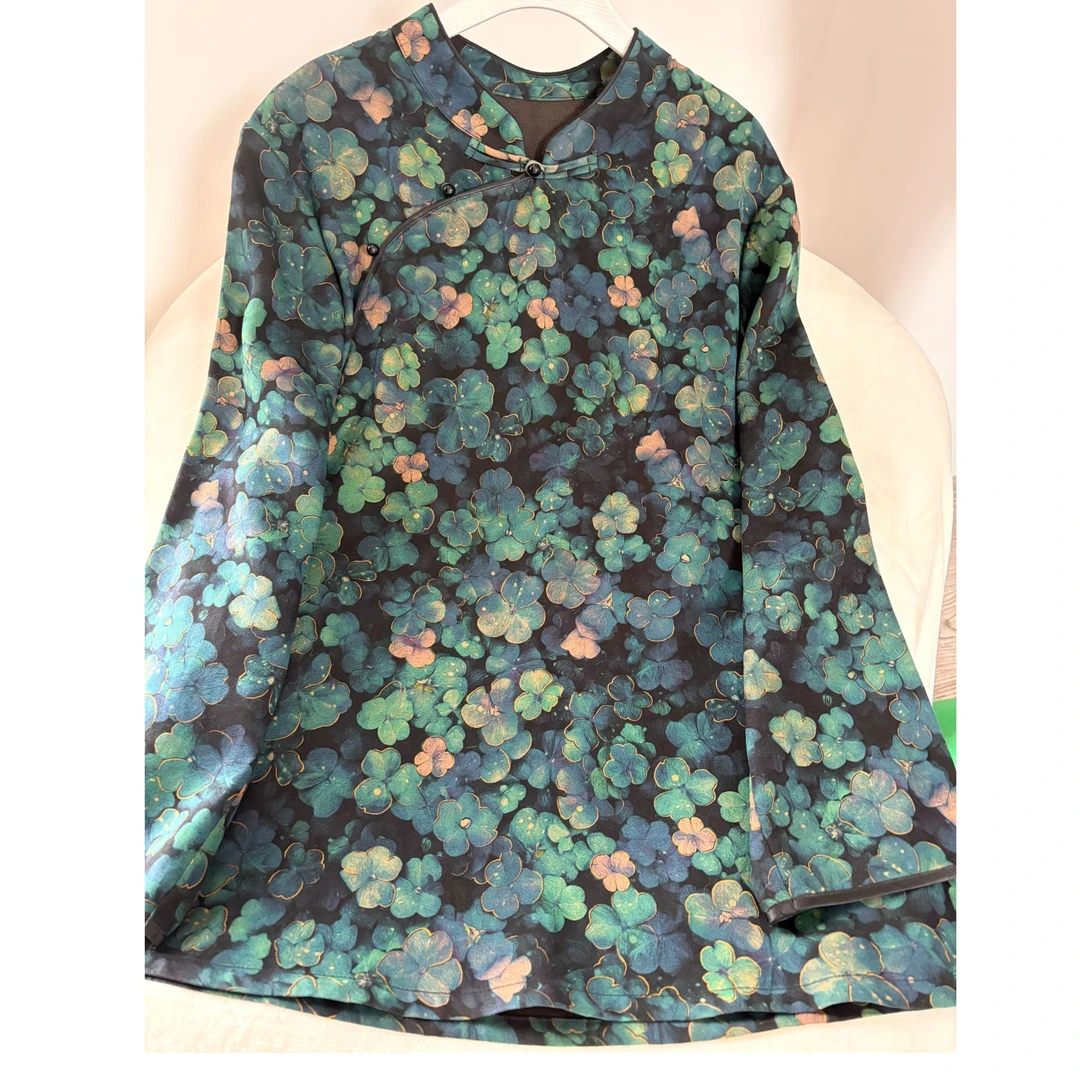 香云纱气质斜襟长袖印花新中式复古旗袍时尚国风立领宽松网红上衣