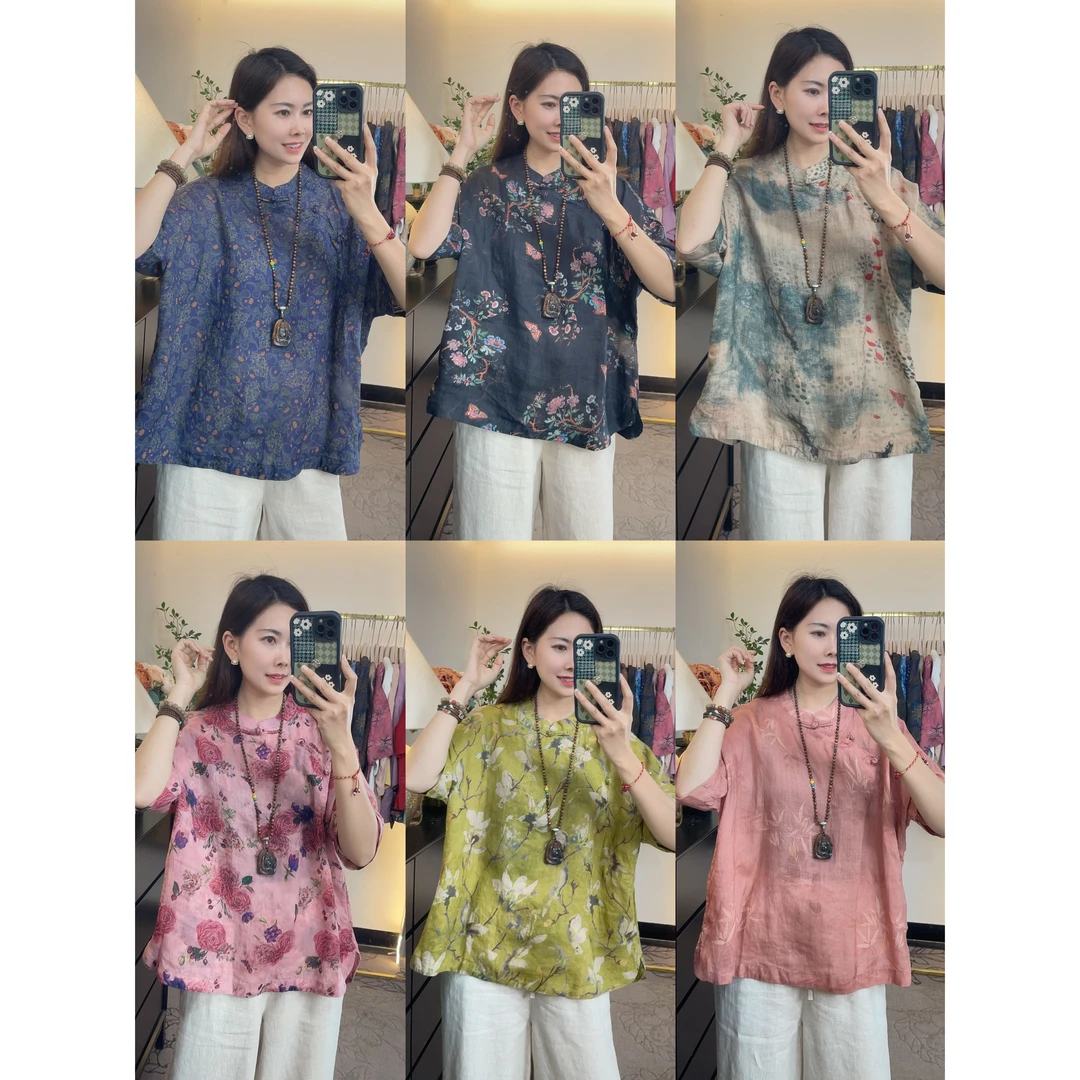 花汐语【万蝶花】高品质舒适女人苎麻盘扣中式风格穿搭衬衫女上衣