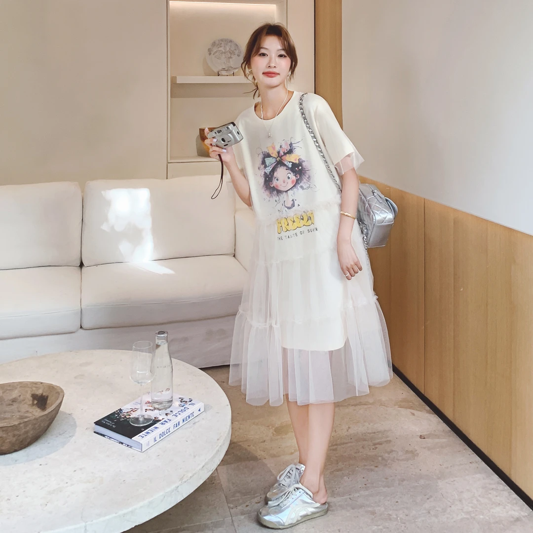 法式小众设计感网纱拼接连衣裙女夏季2025新款宽松卡通印花T恤裙