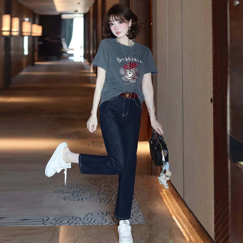 MIUCO深蓝色牛仔红色腰带丝绒后口袋高腰窄版直筒牛仔裤【现货】