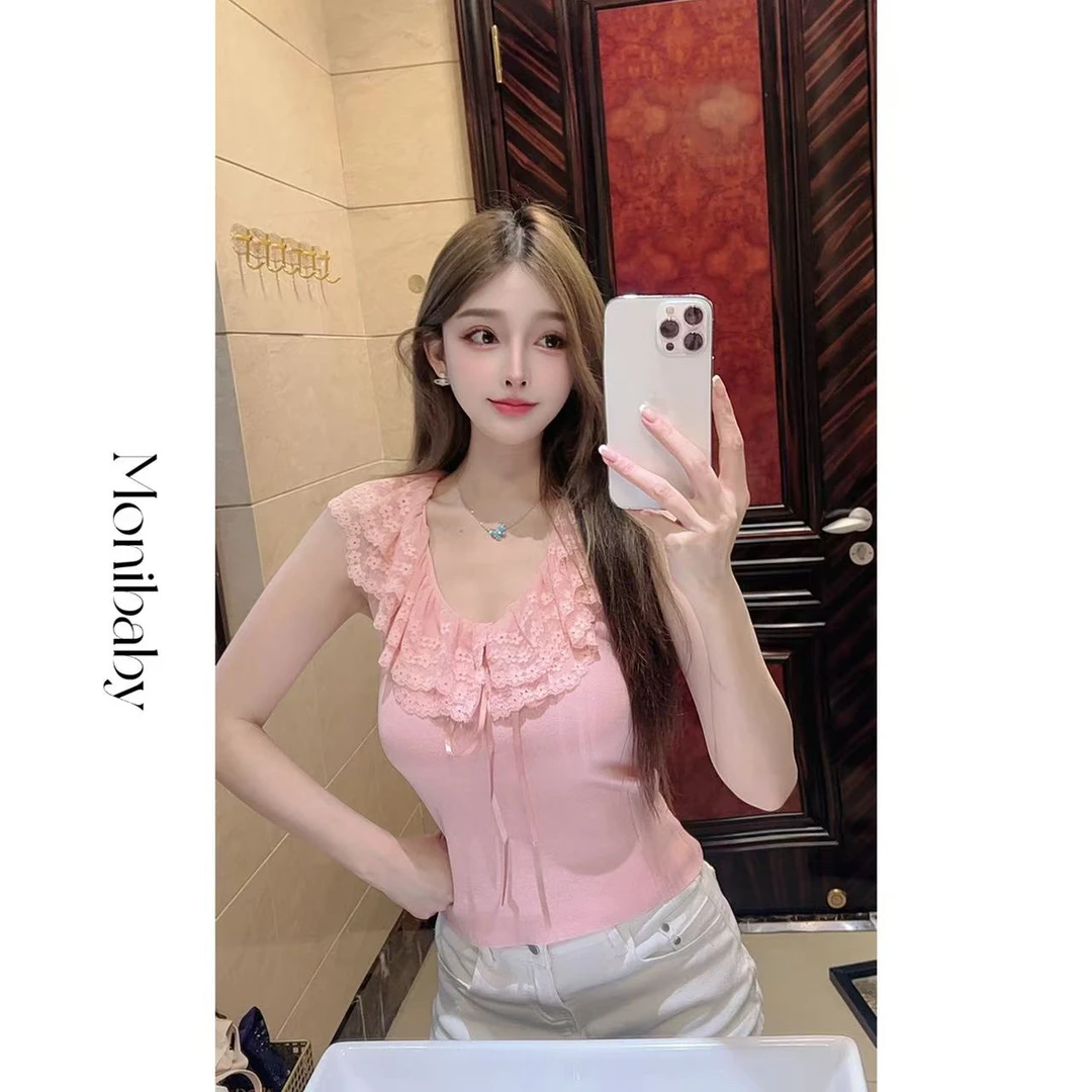 Moni【蕾丝慕斯】甜美冰丝蕾丝v领纯欲显身材修身针织上衣