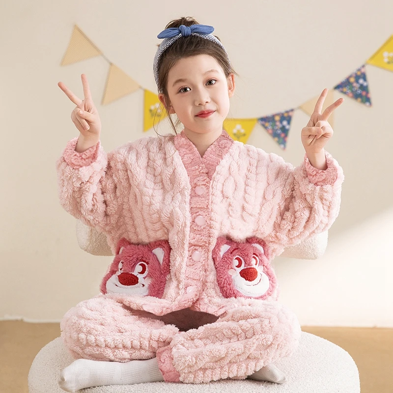 儿童秋冬季珊瑚绒睡衣女童法兰绒加厚款套装女孩珊瑚绒卡通家居服