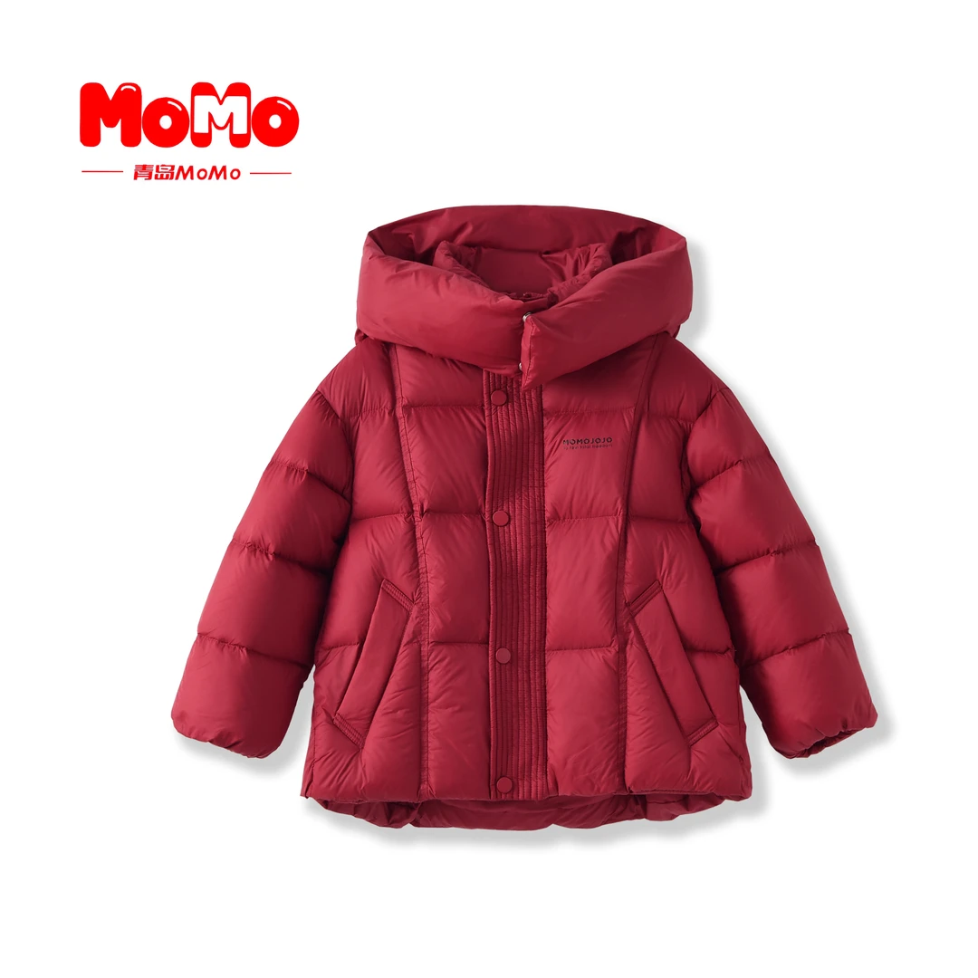 MOMO新款 极寒红色氛围连帽儿童羽绒服