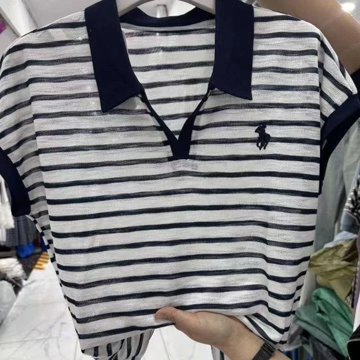 简约新款polo衫条纹短袖女上衣短袖t恤