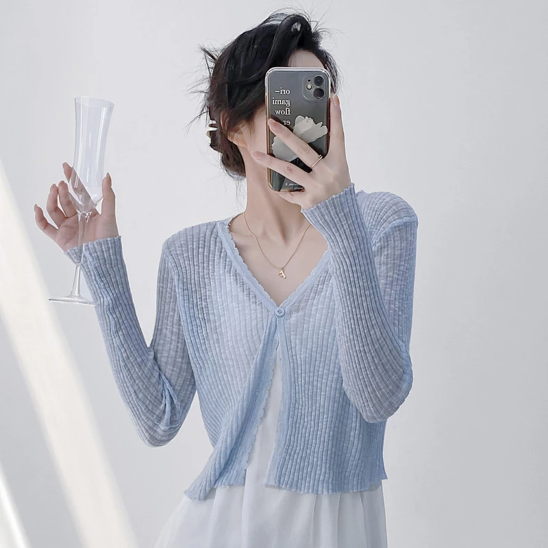 奶蓝色坎肩开衫女夏季甜美风冰丝薄款竖坑条长袖T恤短款上衣
