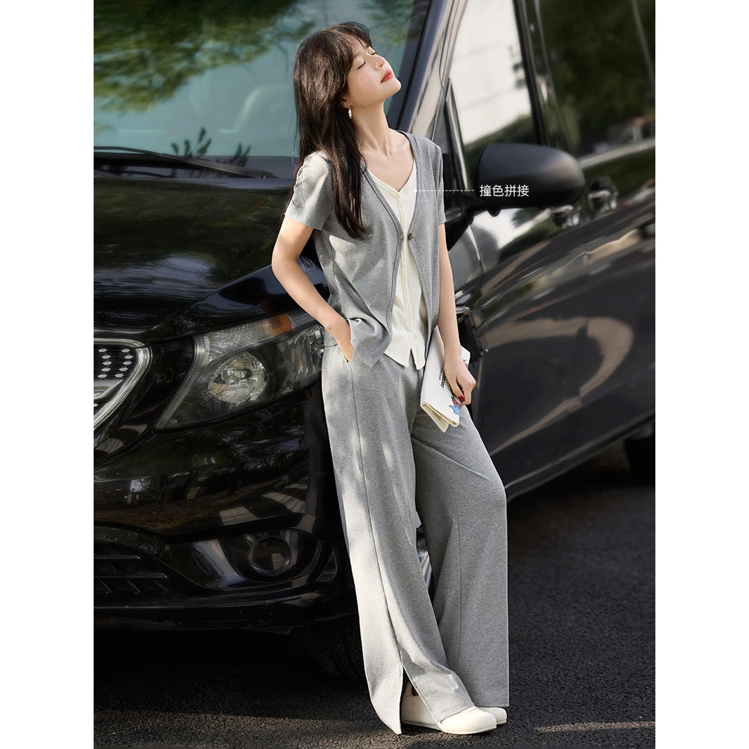 沫晗依美2025夏款简约休闲撞色拼接假两件外套阔腿裤两件套装B060