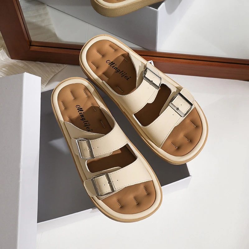 大码踩屎感外穿勃肯凉拖鞋女夏季休闲一字拖鞋皮带扣半拖凉鞋女