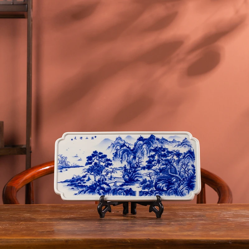 景德镇青花山水茶盘 青花 龙纹 古风 中国风