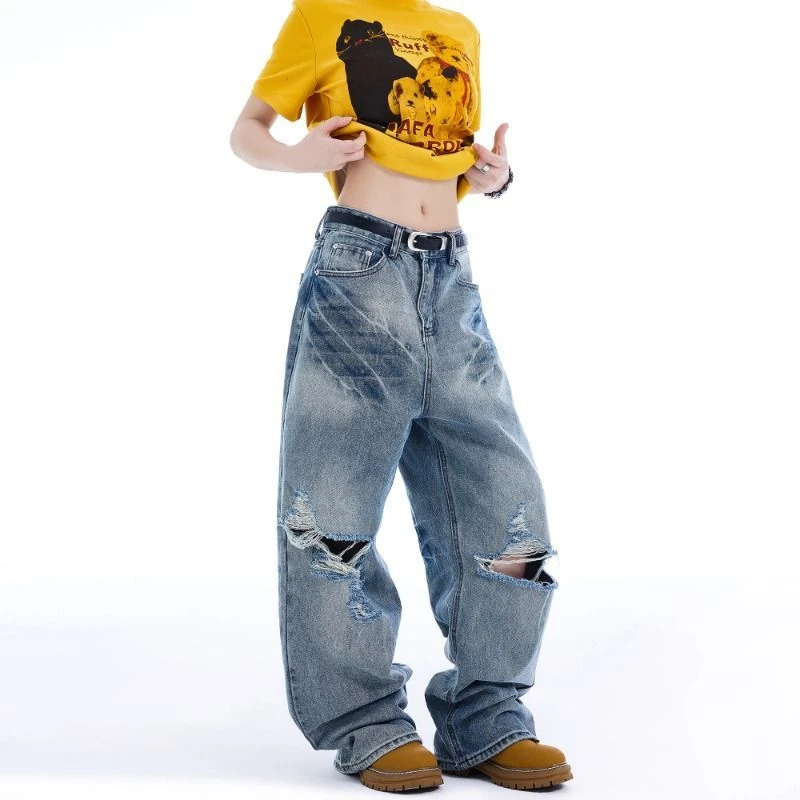 美式复古高街水洗刺绣破洞牛仔裤男女直筒宽松阔腿裤个性通勤长裤