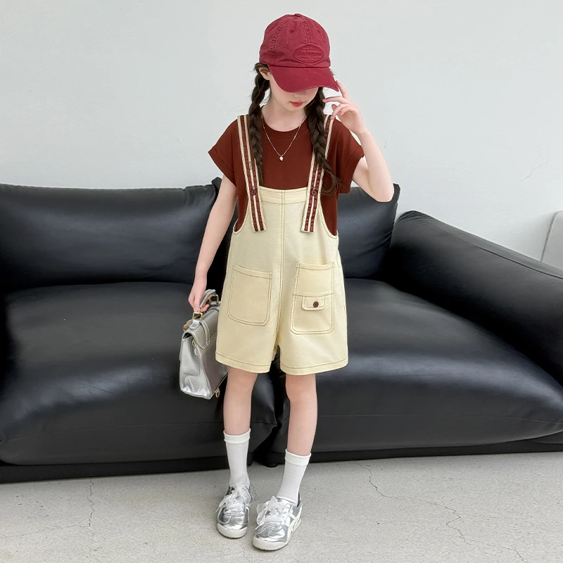 女童夏季背带裤套装2025新款6-12-15岁中大童洋气休闲T恤两件套潮