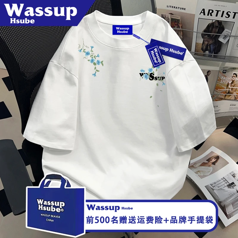 WASSUP HSUBE夏季100%纯棉短袖ins男女亮白色半袖美式花卉印花T恤