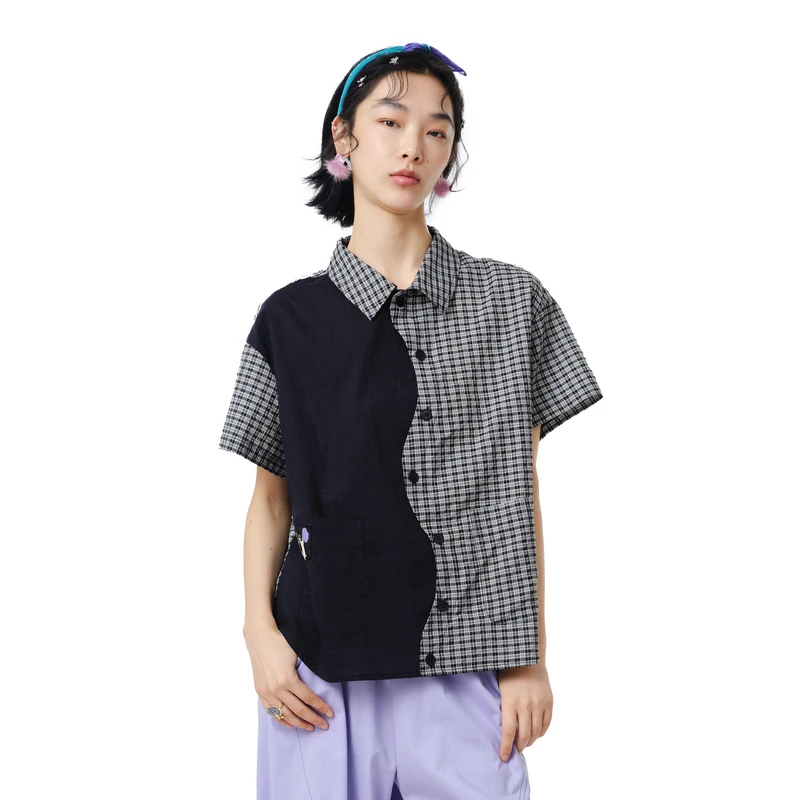 MOVEUP幻走2025夏季新款.FUN 翻领工字褶休闲短款衬衫女325220441