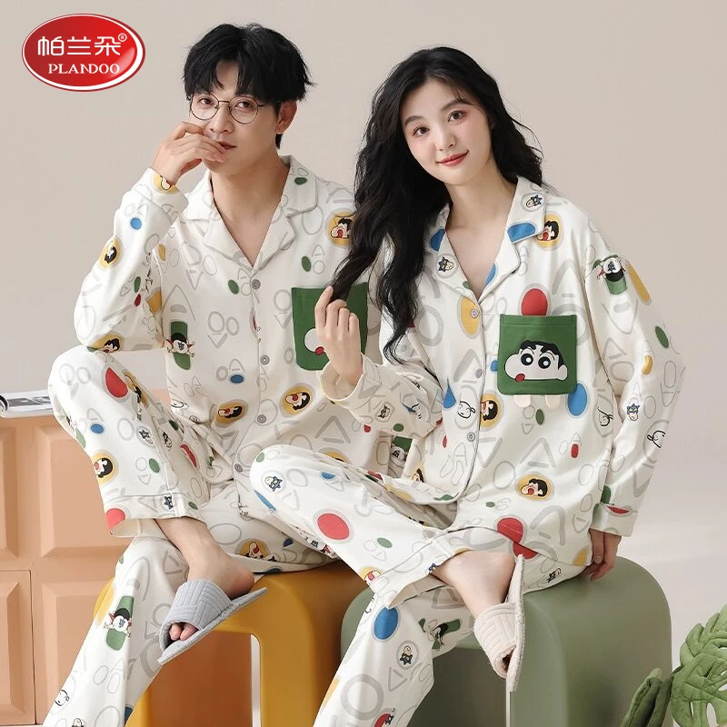 帕兰朵春秋季情侣睡衣女士纯棉长袖家居服男款加大码蜡笔小新套装