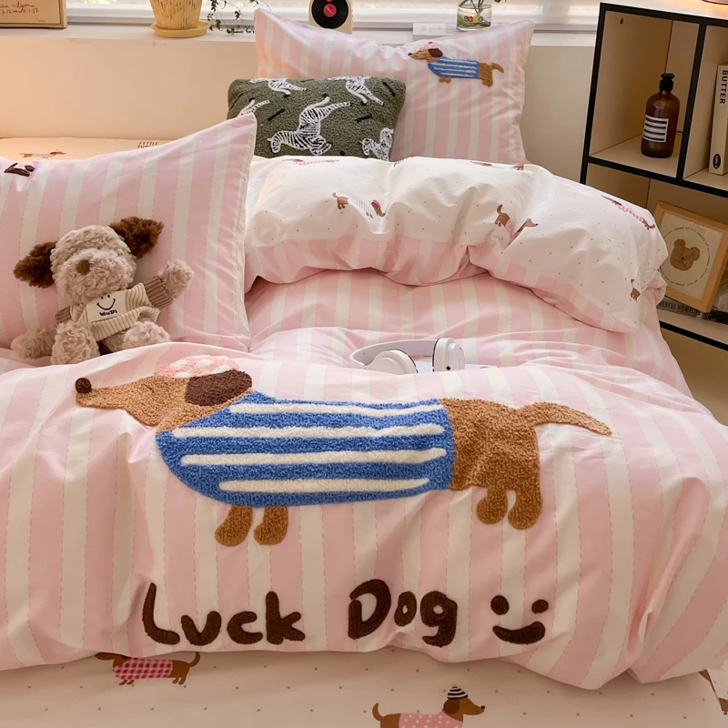 卡通条纹腊肠狗毛巾绣床上四件套纯棉100%全棉可裸睡被套床单床笠