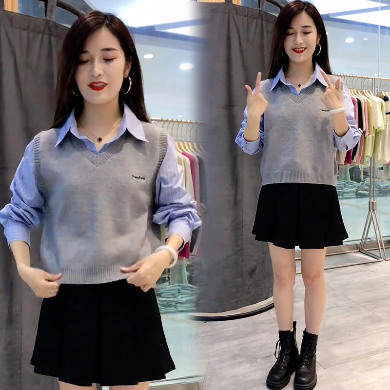 韩版休闲针织马甲衬衫女2025年春秋新款小个子宽松显瘦假两件上衣