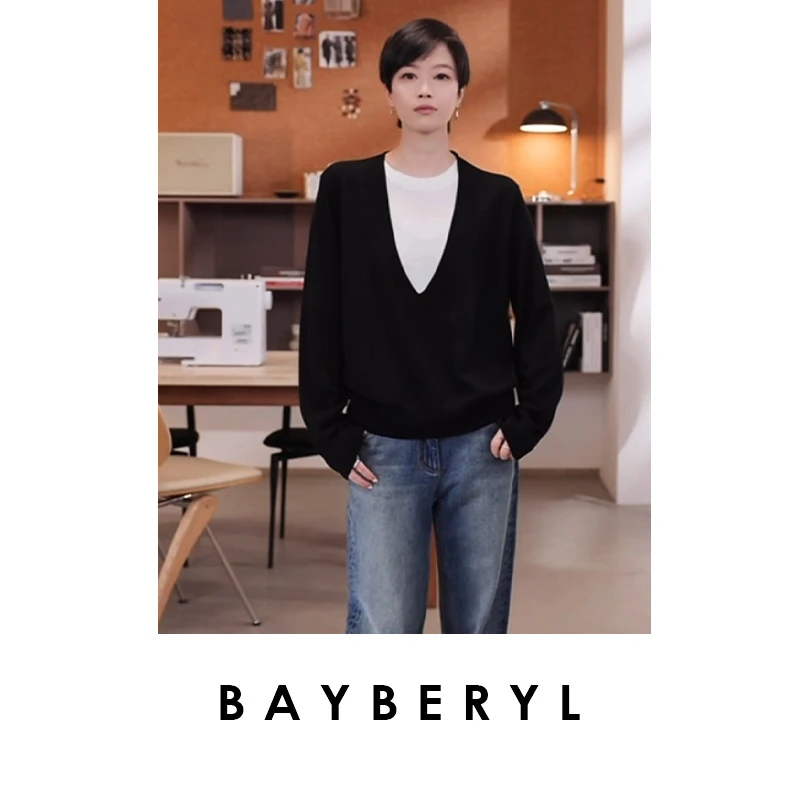 BAYBERYL老贝高知分子*老钱假两件25秋羊毛针织衫ZZS5F1803-