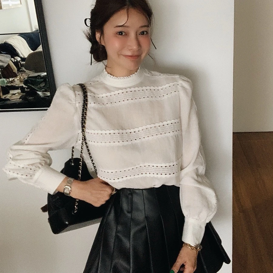 韩式ins气质2026年春秋季新款设计感重工花边拼接衬衫长袖女装
