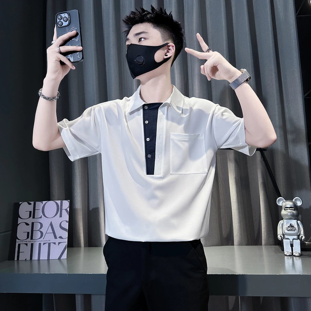 男士短袖衬衫夏季痞帅高级感拼接潮流网红polo衫时尚百搭宽松衬衣