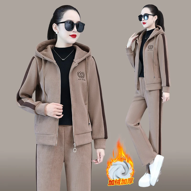 高档运动服套装女秋冬2025新款加绒保暖连帽卫衣女加厚休闲两件套
