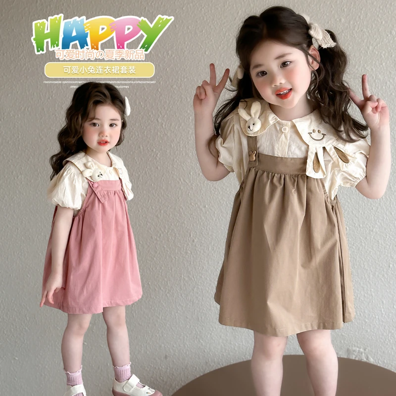 女童夏款背带裙连衣裙套装2025新款女宝宝韩版卡通短袖两件套