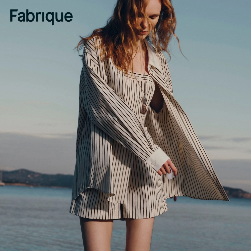 Fabrique【刘些宁同款】小棕条米黑条纹府绸大廓形衬衫与短裤套装