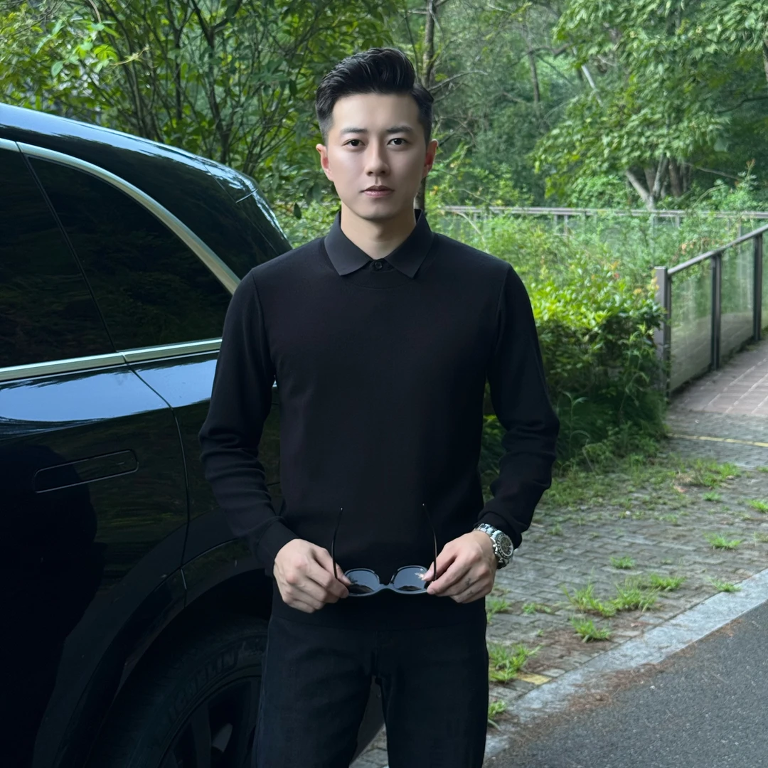 小杰/L-jie 男士秋季时尚气质衬衫领假两件针织毛衫（0002）