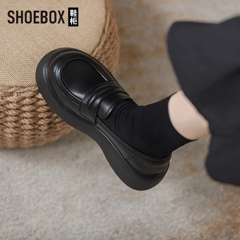 SHOEBOX鞋柜厚底乐福鞋女2025秋季新款黑色百搭jk英伦风小皮鞋