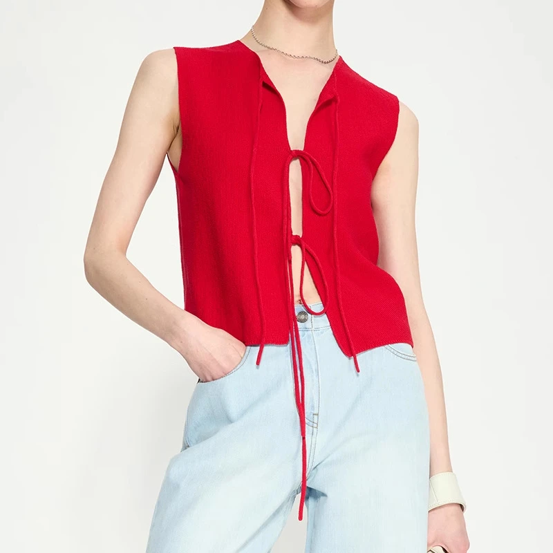 开KEI时髦复古 松弛度假感清凉干爽莼棉系带门襟宽松针织短马甲