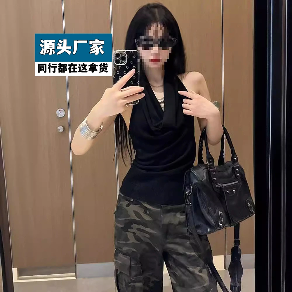 夏季辣妹性感荡领挂脖吊带背心女修身设计感黑色无袖露背上衣外穿